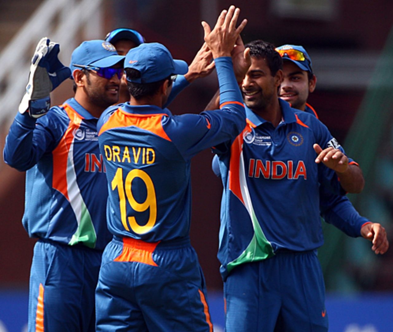 Praveen Kumar and team-mates celebrate the wicket of Floyd Reifer, India v West Indies, Champions Trophy, Group A, Johannesburg, September 30, 2009