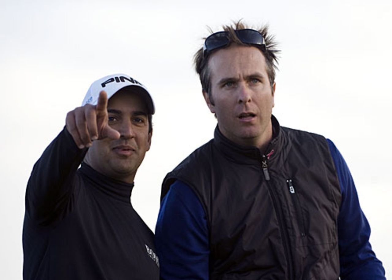 Michael Vaughan and golfing partner Shiv Kapur at the Alfred Dunhill Golf Championship, Carnoustie, Scotland, October 4, 2009