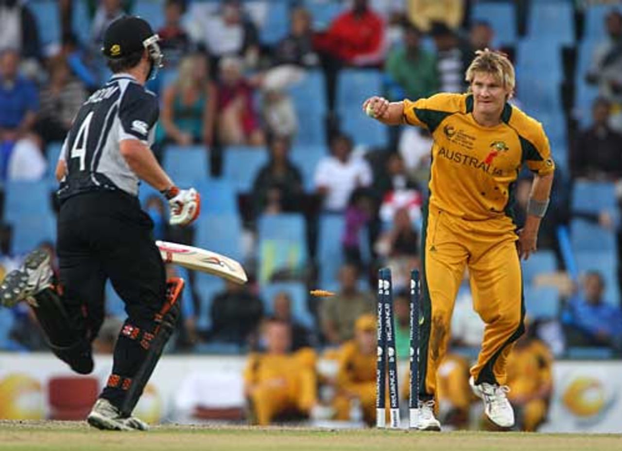 Shane Watson completes the run out of Neil Broom, Australia v New Zealand, Champions Trophy final, Centurion Park, October 5, 2009