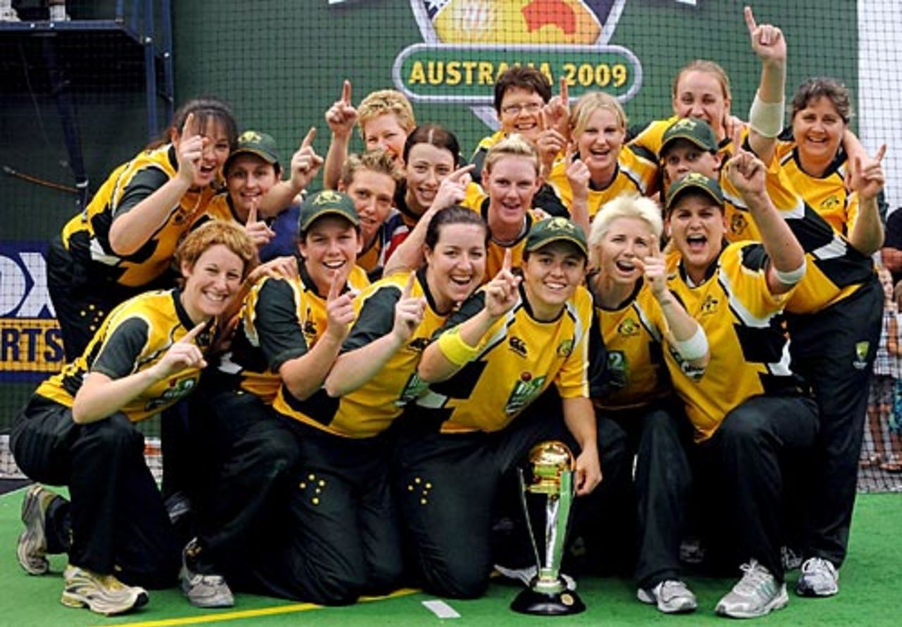 The Australian women's indoor cricket team celebrate after winning the Indoor Cricket World Cup, Brisbane, October 17, 2009