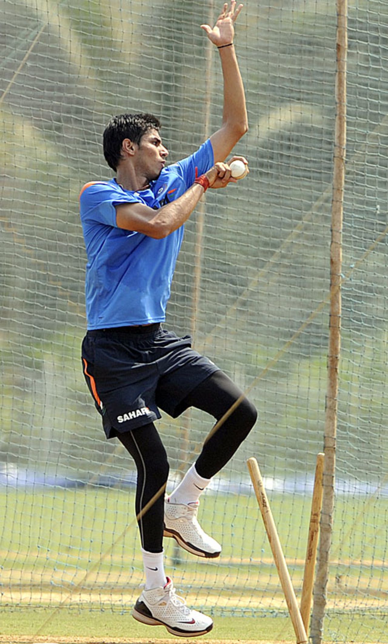 Sudeep Tyagi hits his straps at the nets, Mumbai, October 21, 2009