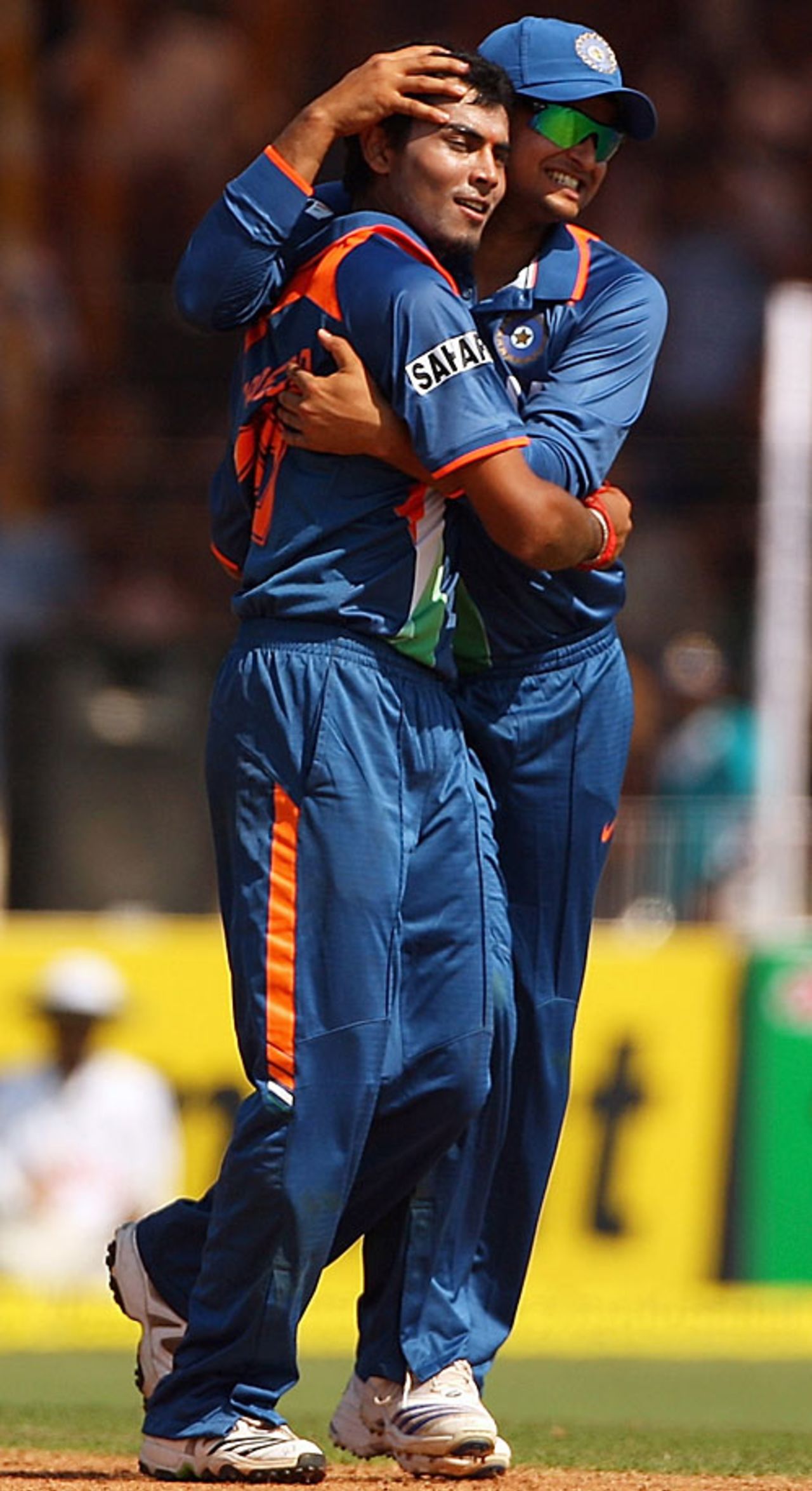 Ravindra Jadeja gets a hug from Suresh Raina after dismissing Ricky Ponting, India v Australia, 1st ODI, Vadodara, October 25, 2009