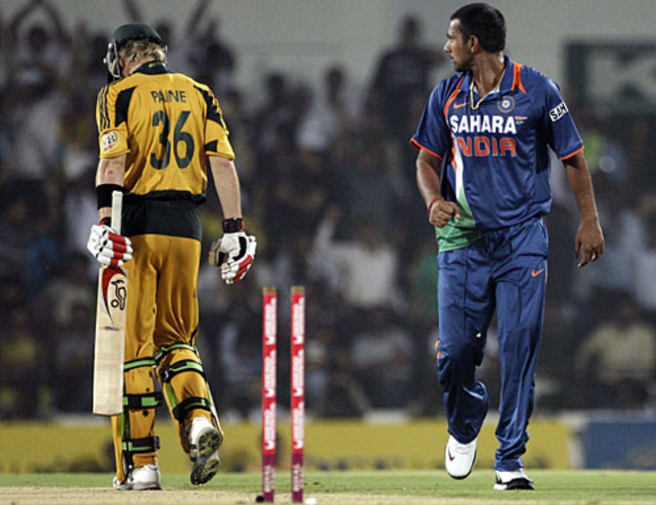 Praveen Kumar sees off Tim Paine, India v Australia, 2nd ODI, Nagpur, October 28, 2009