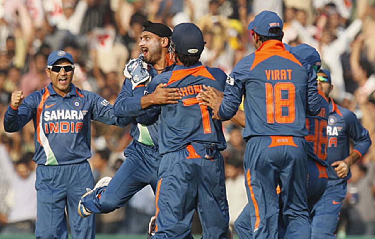 Harbhajan Singh is thrilled after striking with his first ball, India v Australia, 4th ODI, Mohali, November 2, 2009
