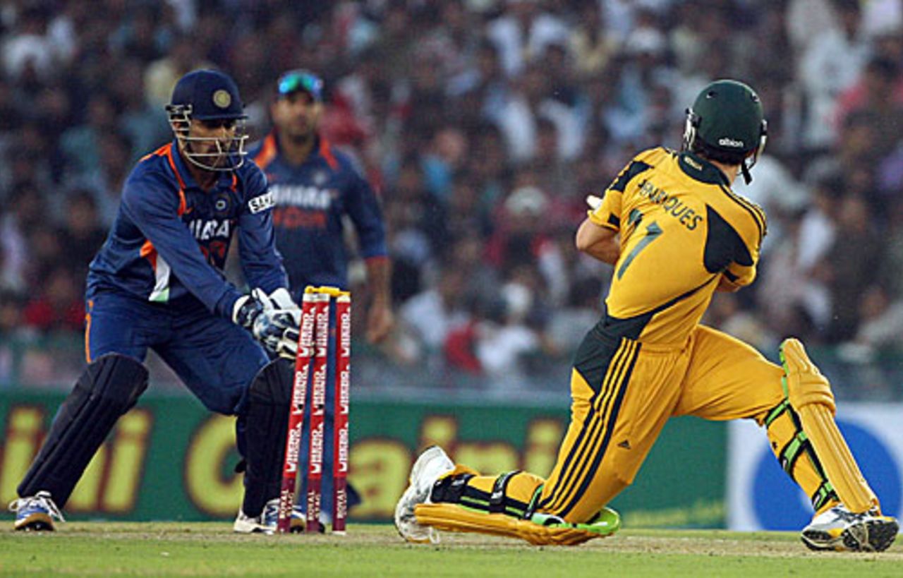 Moises Henriques is stumped off Harbhajan Singh, India v Australia, 4th ODI, Mohali, November 2, 2009