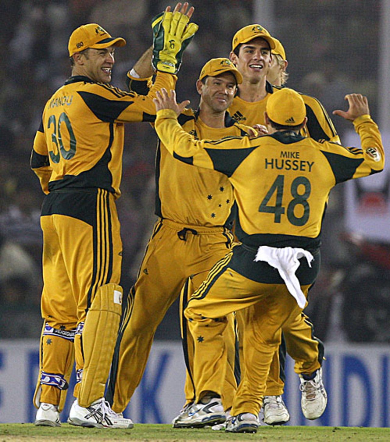 Australia celebrate the run out of Ravindra Jadeja, India v Australia, 4th ODI, Mohali, November 2, 2009