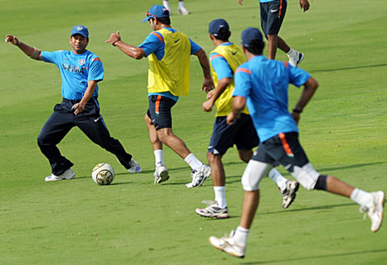 The Indians warm up with a game of football, Hyderabad, November 4, 2009