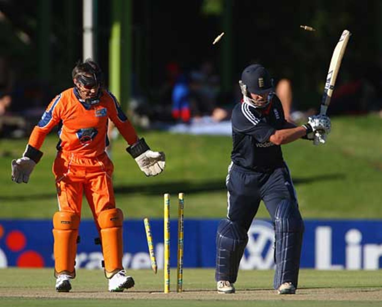 Jonathan Trott is bowled by Ryan Bailey for 85, Eagles v England XI, Bloemfontein, November 6, 2009