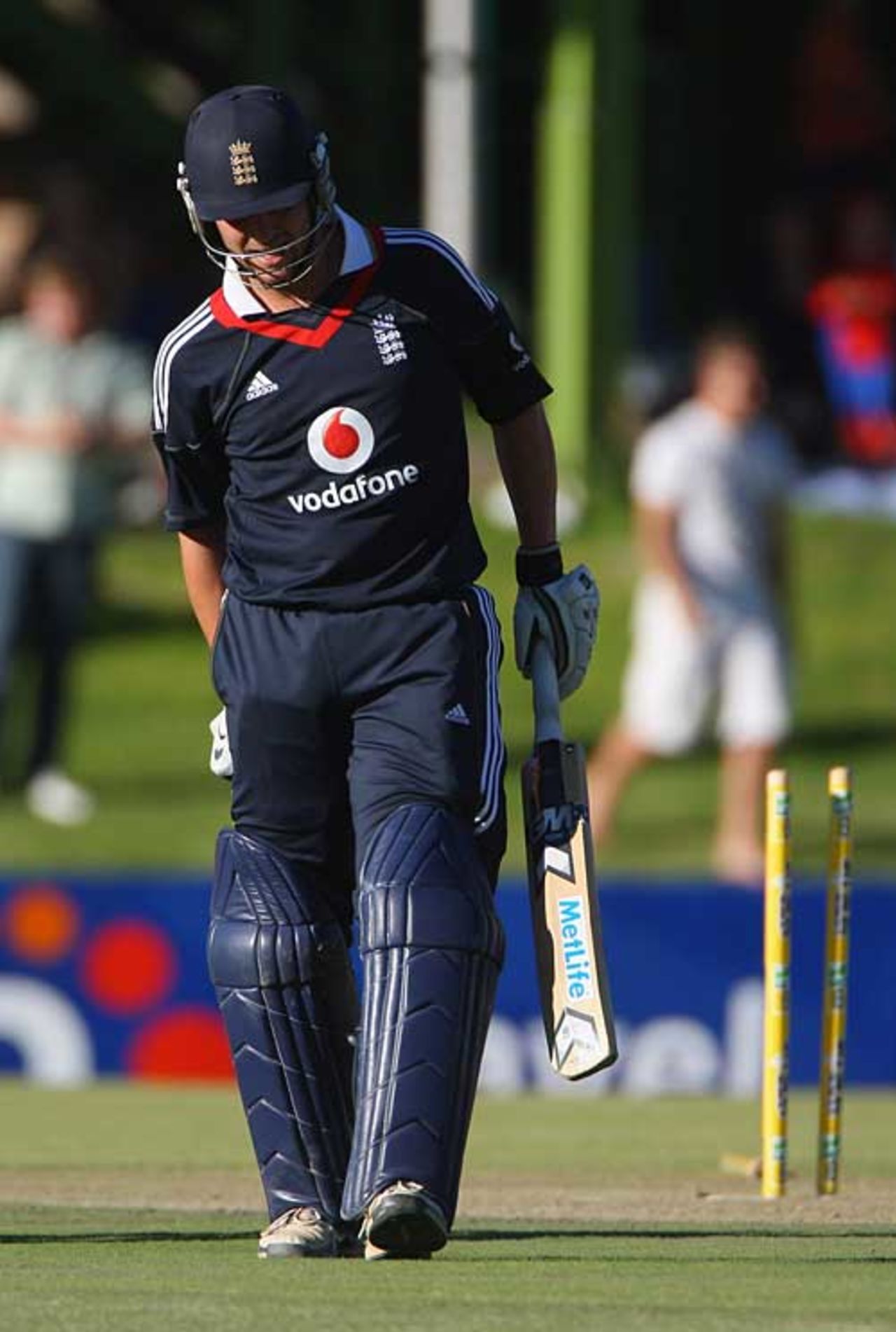 Jonathan Trott walks off holding his right leg after being bowled, Eagles v England XI, Bloemfontein, November 6, 2009
