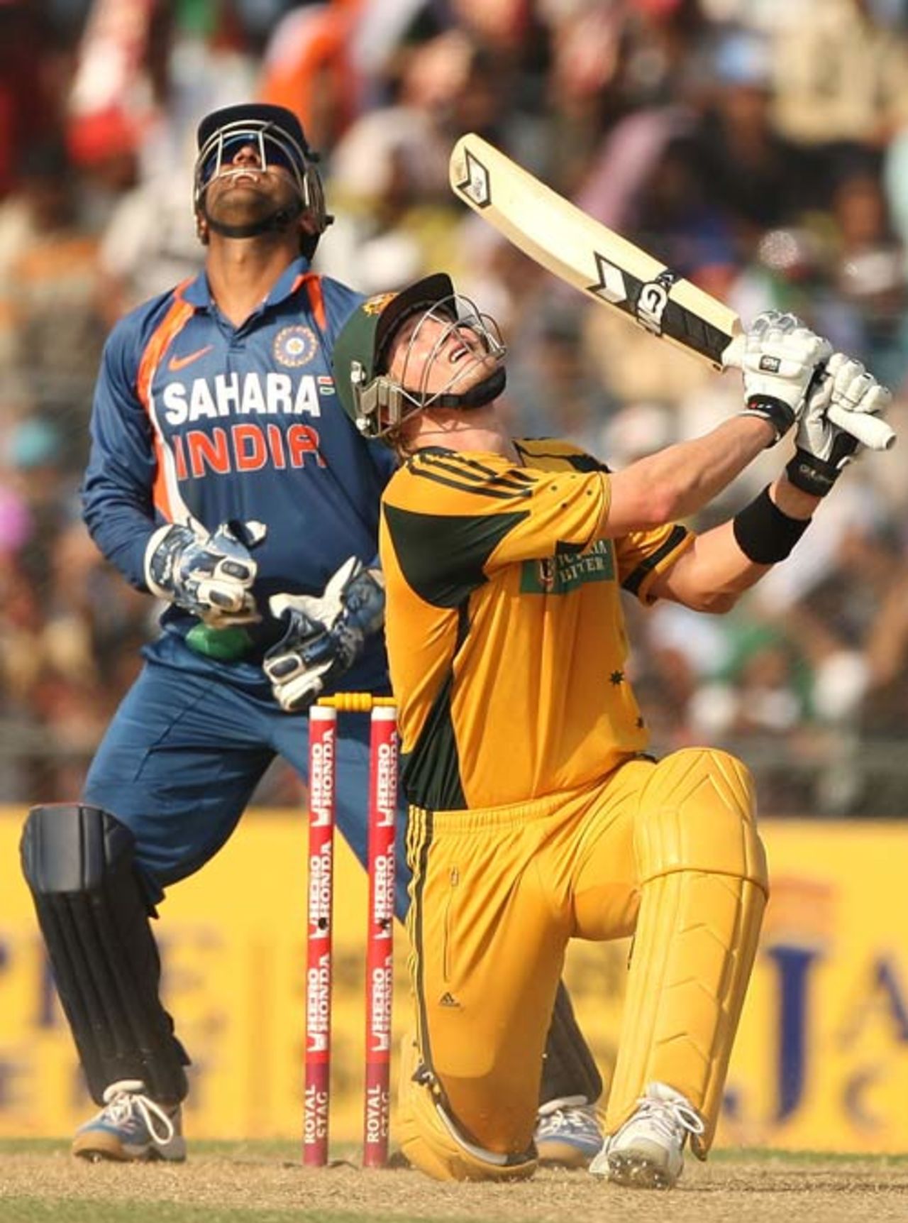 Shane Watson looks up after miscuing the ball, India v Australia, 6th ODI, Guwahati, November 8, 2009
