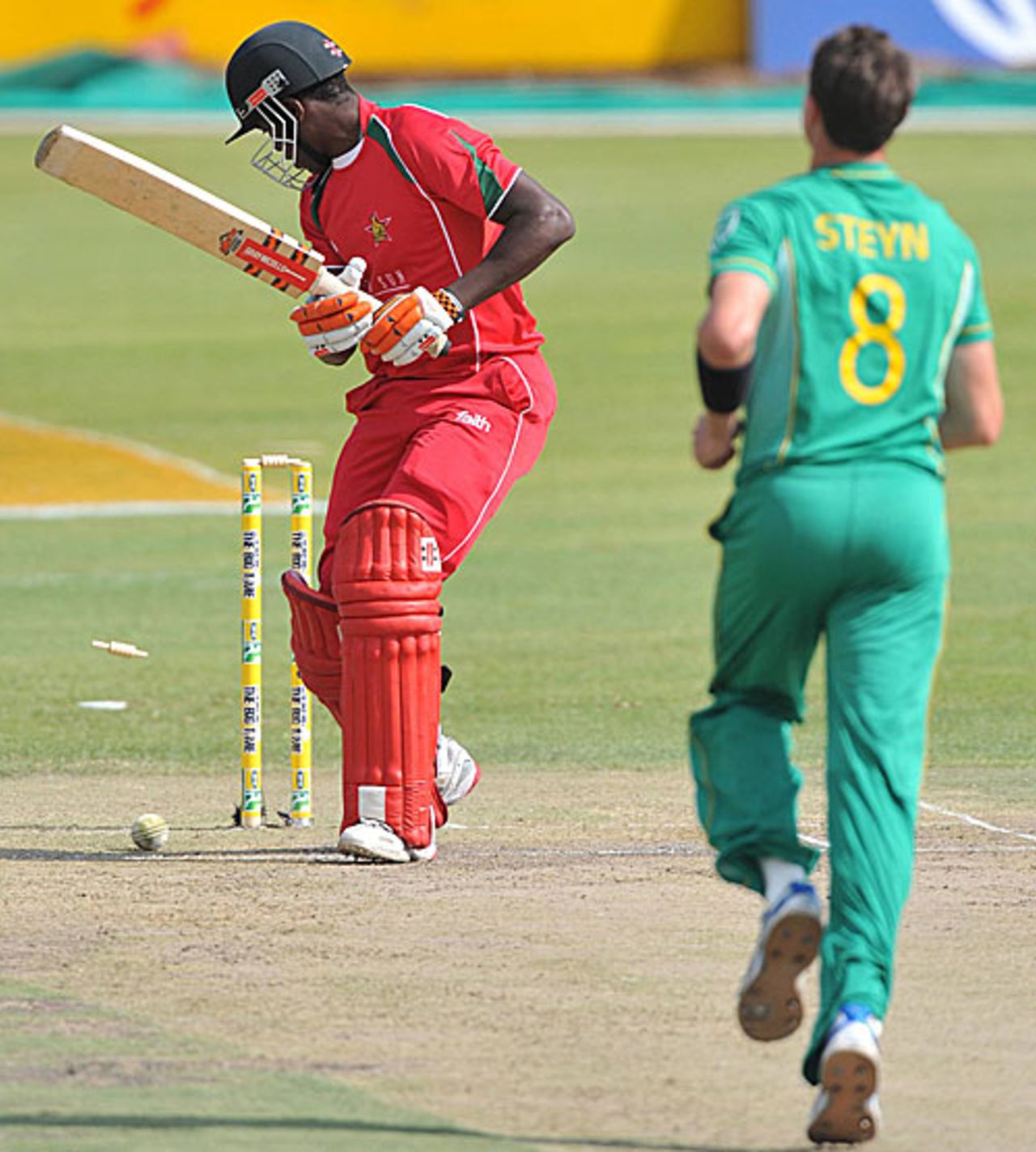 Dale Steyn makes a mess of Elton Chigumbura's stumps, South Africa v Zimbabwe, 1st ODI, Benoni, November 8, 2009