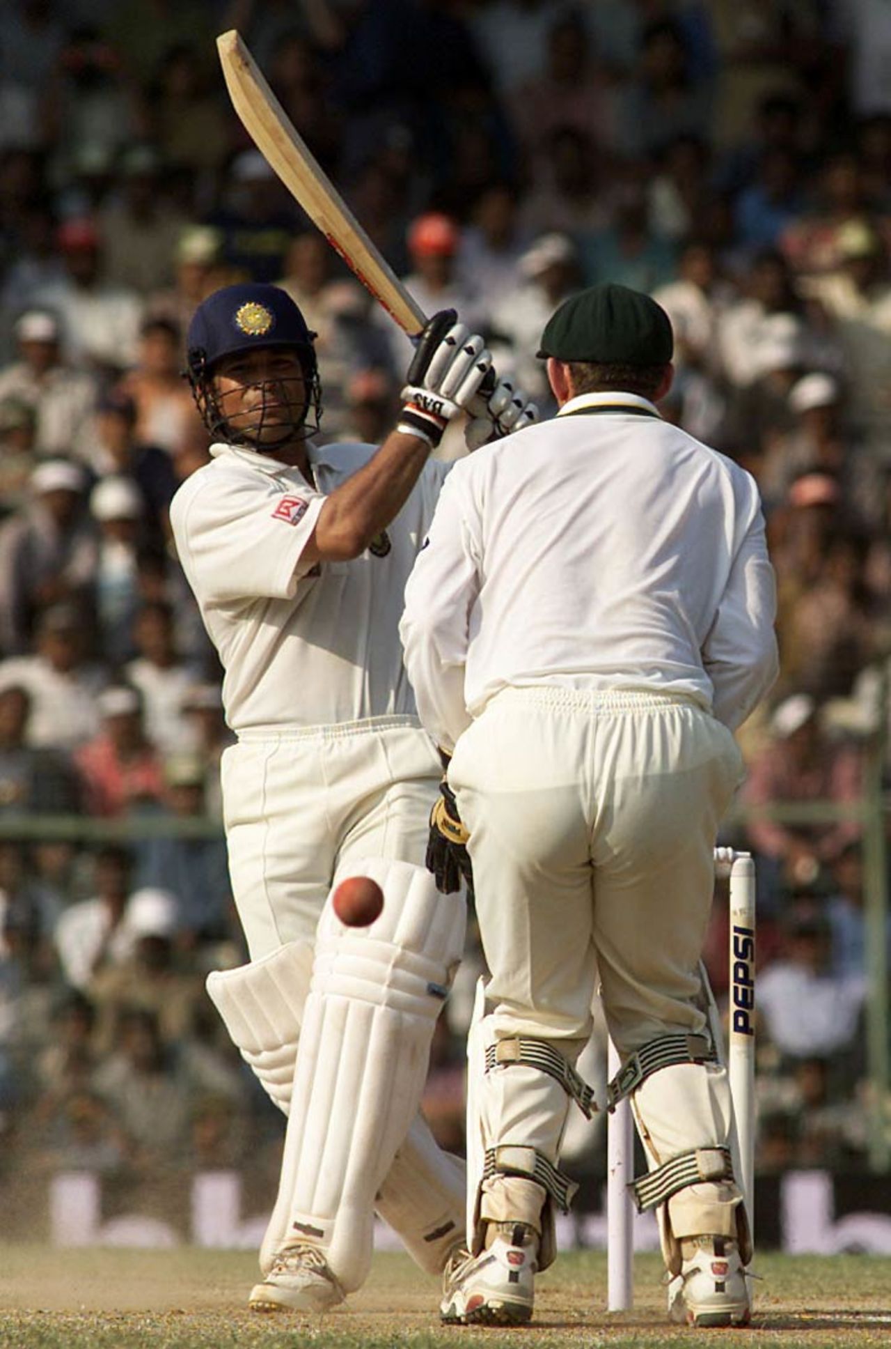 Sachin Tendulkar turns around and plays behind the keeper, India v Australia, 3rd Test, Chennai, 3rd day, March 20, 2001