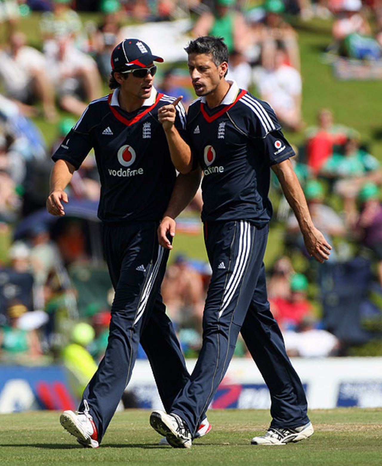 Alastair Cook, England's stand-in captain, offers some advice to Sajid Mahmood, Centurion, November 15, 2009