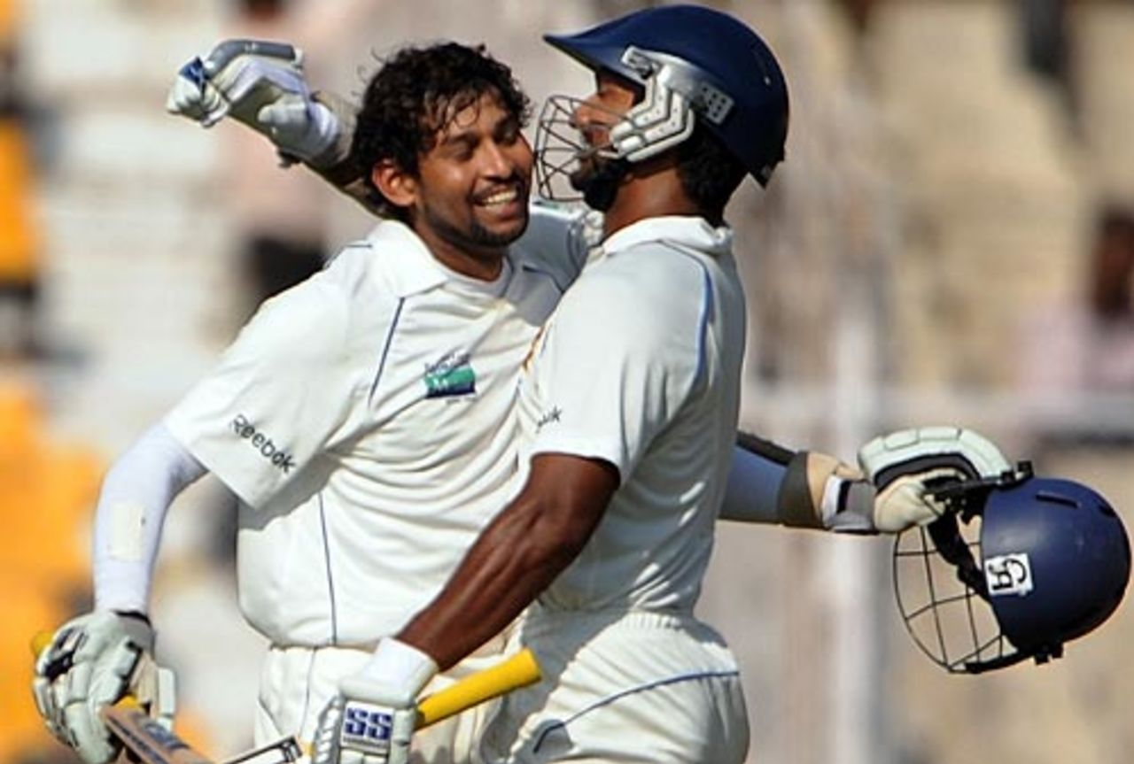 Kumar Sangakkara congratulates Tillakaratne Dilshan, India v Sri Lanka, 1st Test, Ahmedabad, 2nd day, November 17, 2009