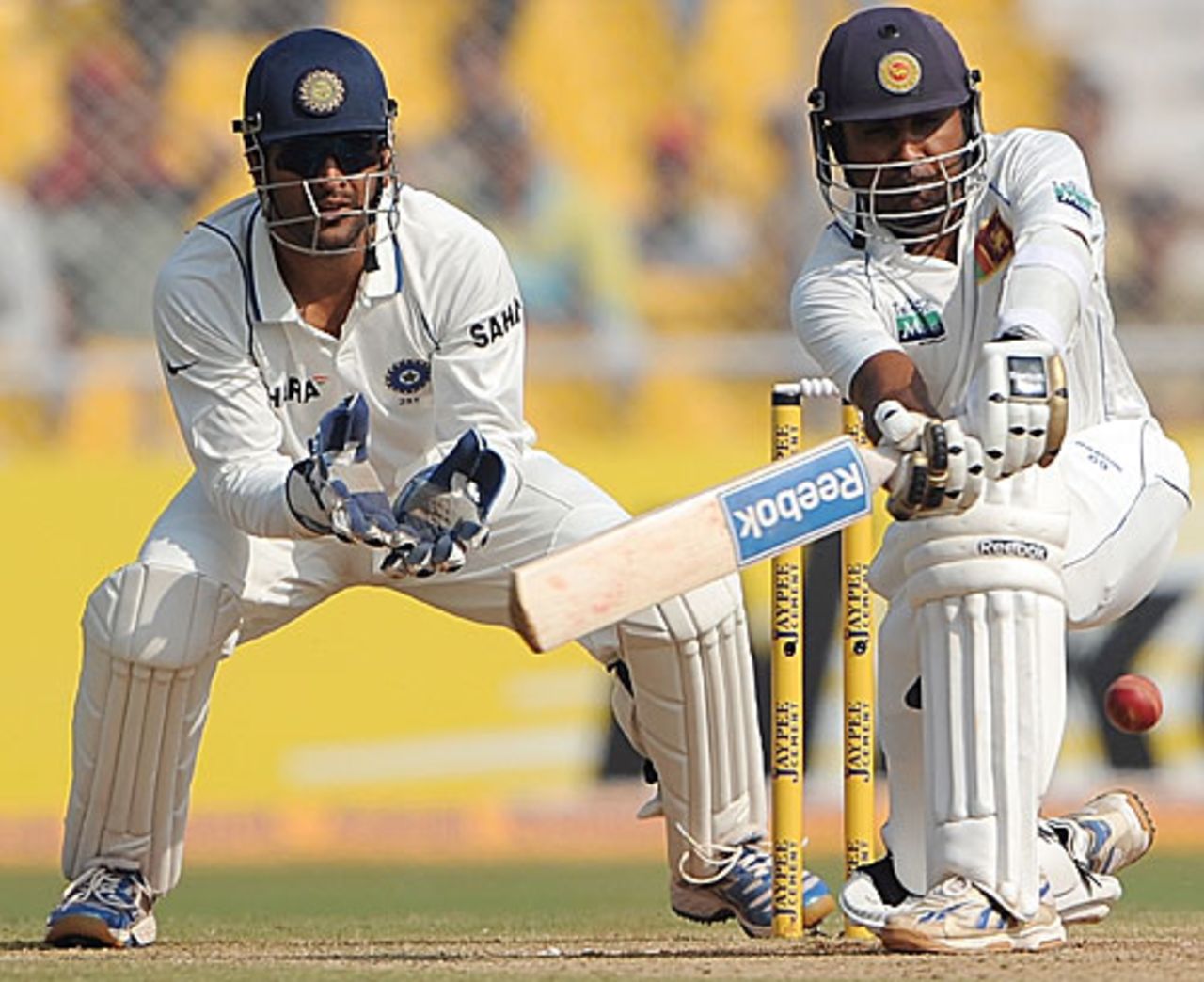 Mahela Jayawardene paddles one fine during his 275, India v Sri Lanka, 1st Test, Ahmedabad, 4th day, November 19, 2009 