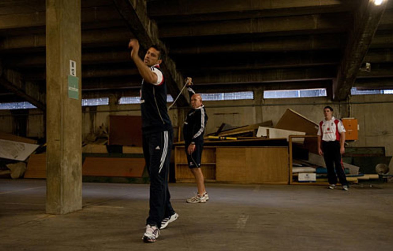 Sajid Mahmood fine tunes his action during England's indoor nets session at the Wanderers, November 19, 2009