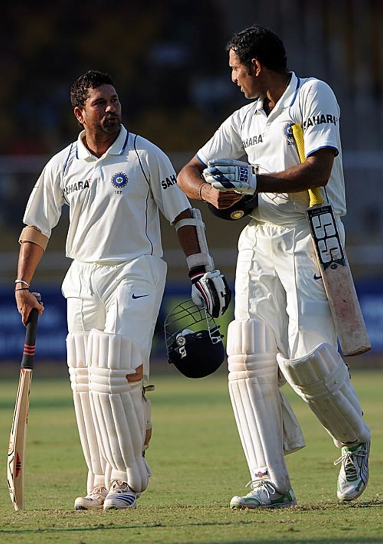 Sachin Tendulkar and VVS Laxman stroll back after saving the Test, India v Sri Lanka, 1st Test, Ahmedabad, 5th day, November 20, 2009 
