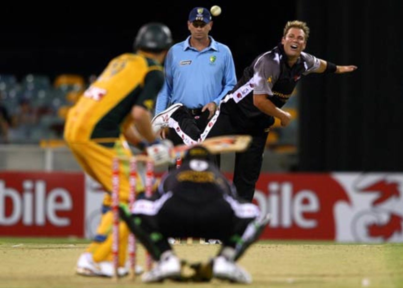 Shane Warne sends down a delivery, Australian Cricketers' Association XI v Australian XI, Brisbane, November 22, 2009