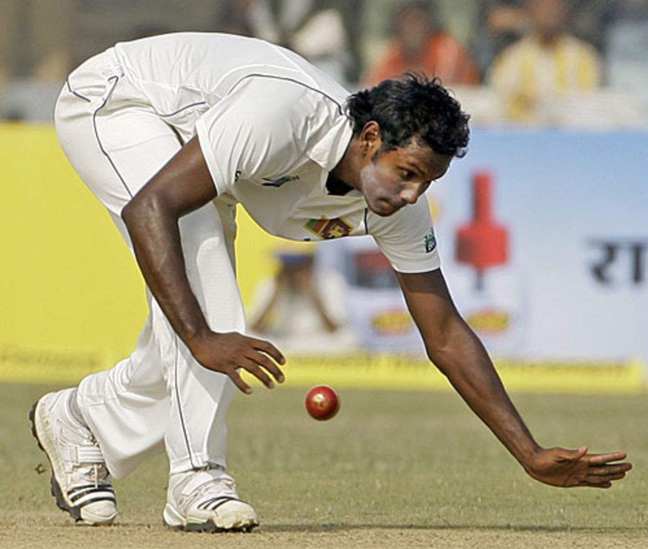 Angelo Mathews is unable to stop a lashing straight drive, India v Sri Lanka, 2nd Test, Kanpur, 1st day, November 24, 2009