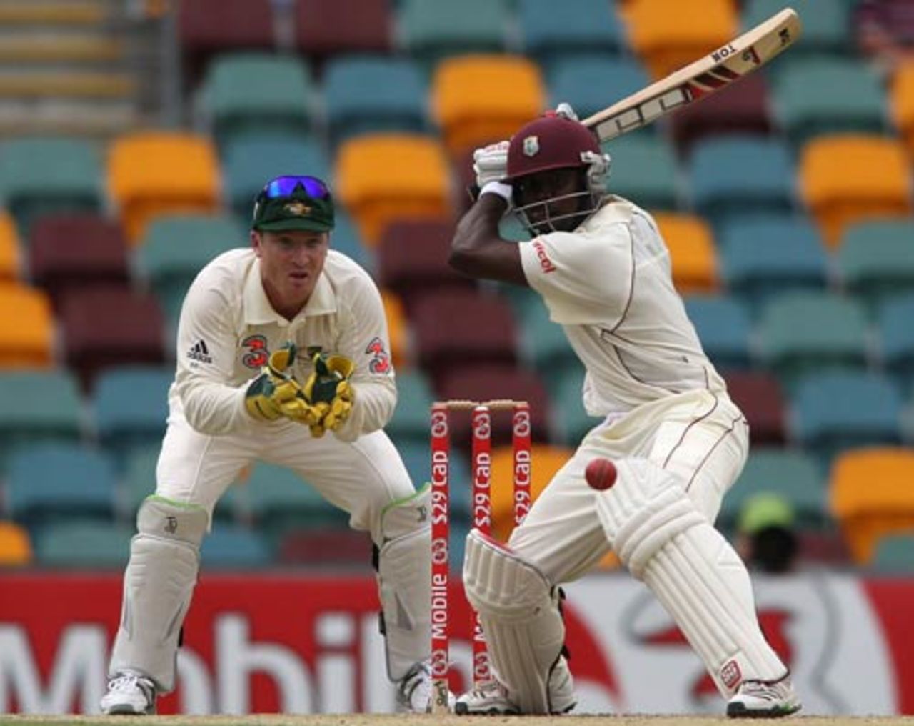 Travis Dowlin rocks back to cut, Australia v West Indies, 1st Test, Brisbane, 3rd day, November 28, 2009