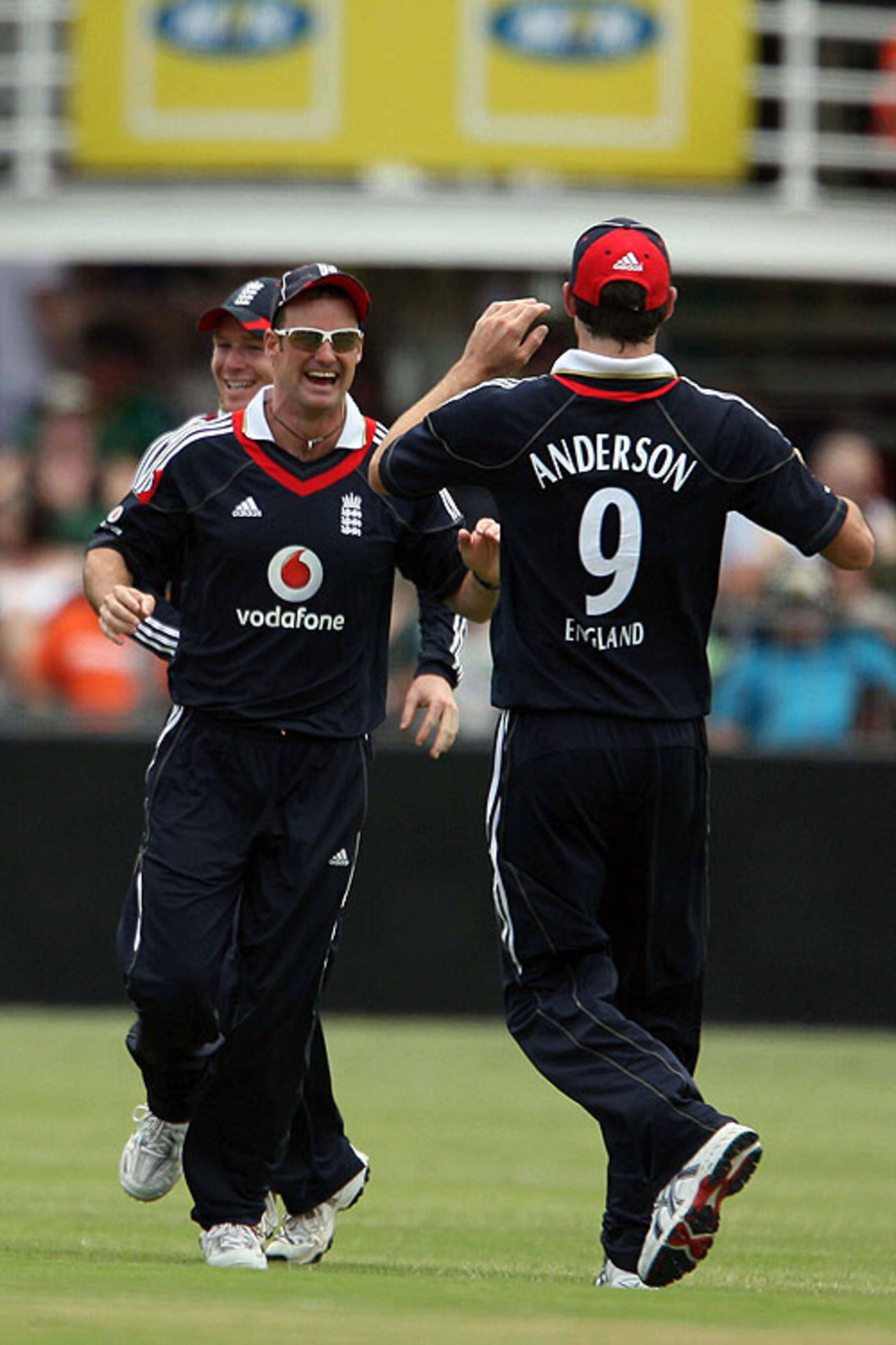 Andrew Strauss and James Anderson celebrate as South Africa are bowled out for 119, South Africa v England, 4th ODI, Port Elizabeth, November 29, 2009