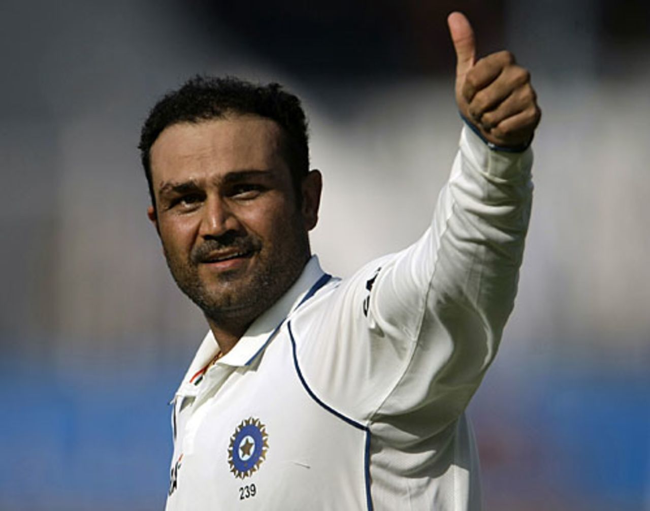 Virender Sehwag gives the thumbs up after getting to his double century, India v Sri Lanka, 3rd Test, Mumbai, 2nd day, December 3, 2009