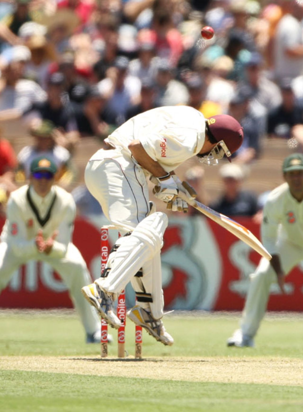 Brendan Nash after being struck on the arm by Mitchell Johnson, Australia v West Indies, 2nd Test, Adelaide, 4 December 2009