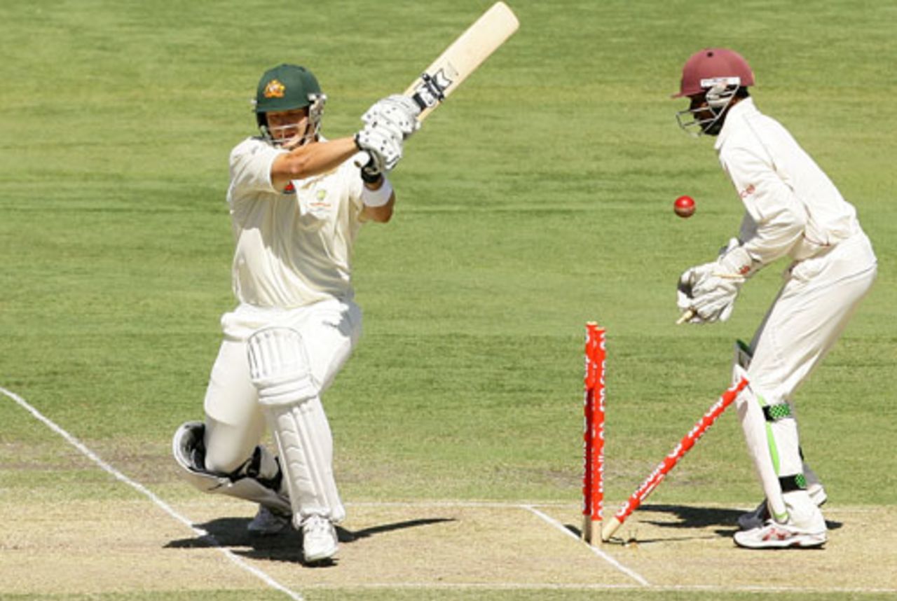 Shane Watson is bowled by Sulieman Benn on 96, Australia v West Indies, 2nd Test, Adelaide