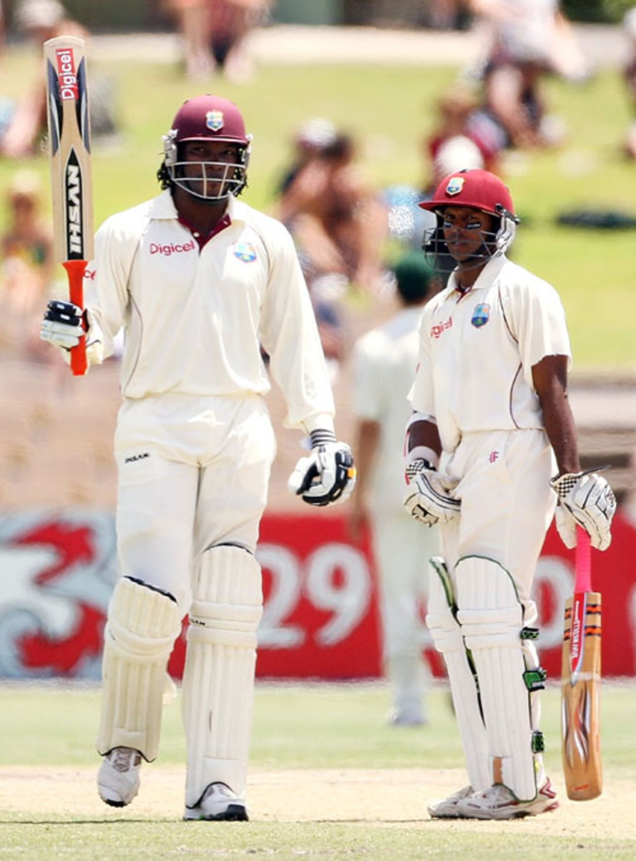 Chris Gayle marks his fifty with Shivnarine Chanderpaul, Australia v West Indies, 2nd Test, Adelaide