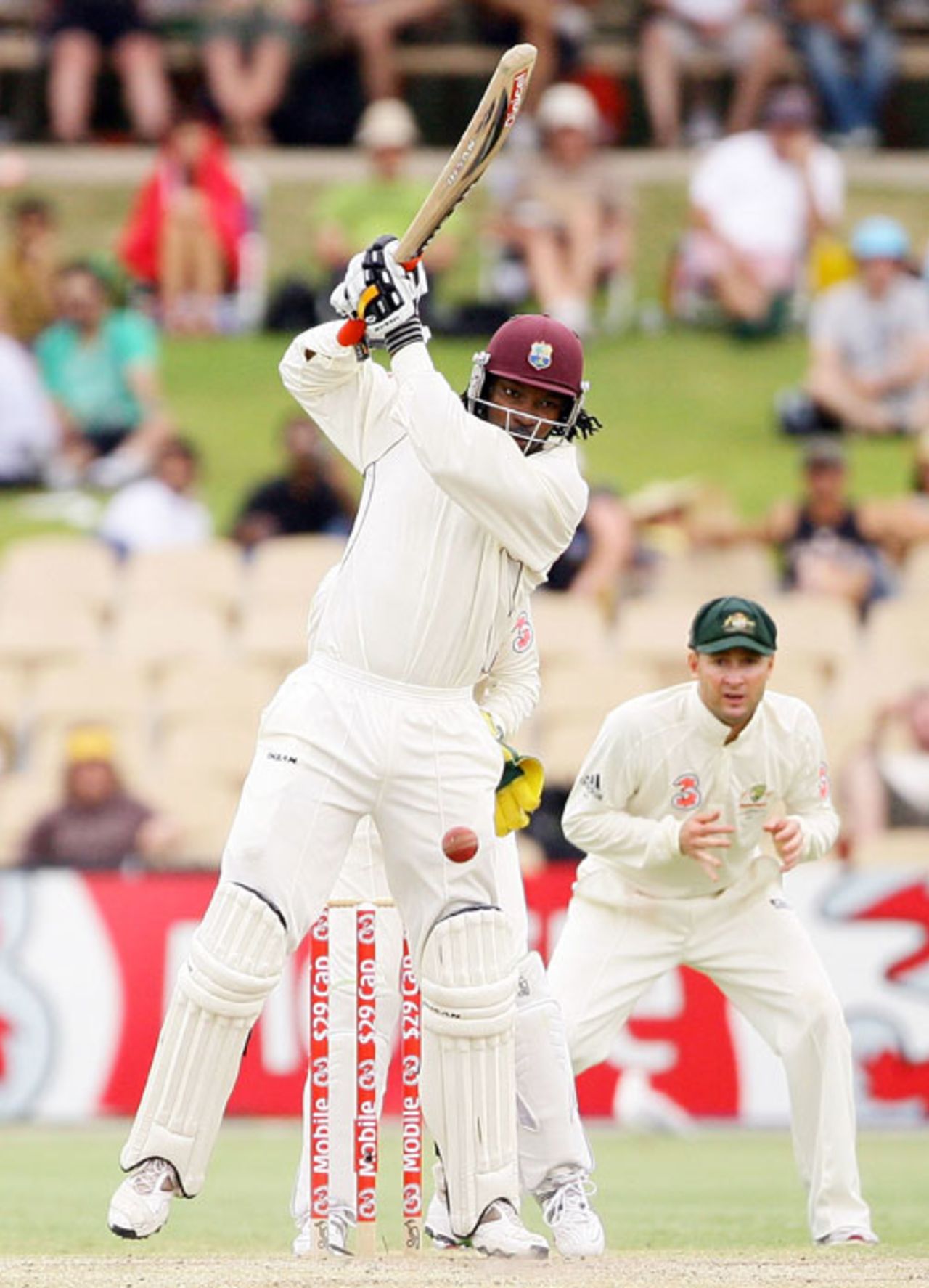 Chris Gayle plays off the back foot during his century, Australia v West Indies, 2nd Test, Adelaide