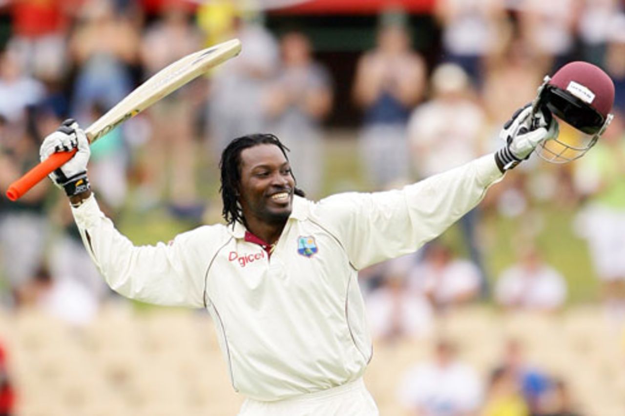Chris Gayle celebrates his fine century, Australia v West Indies, 2nd Test, Adelaide