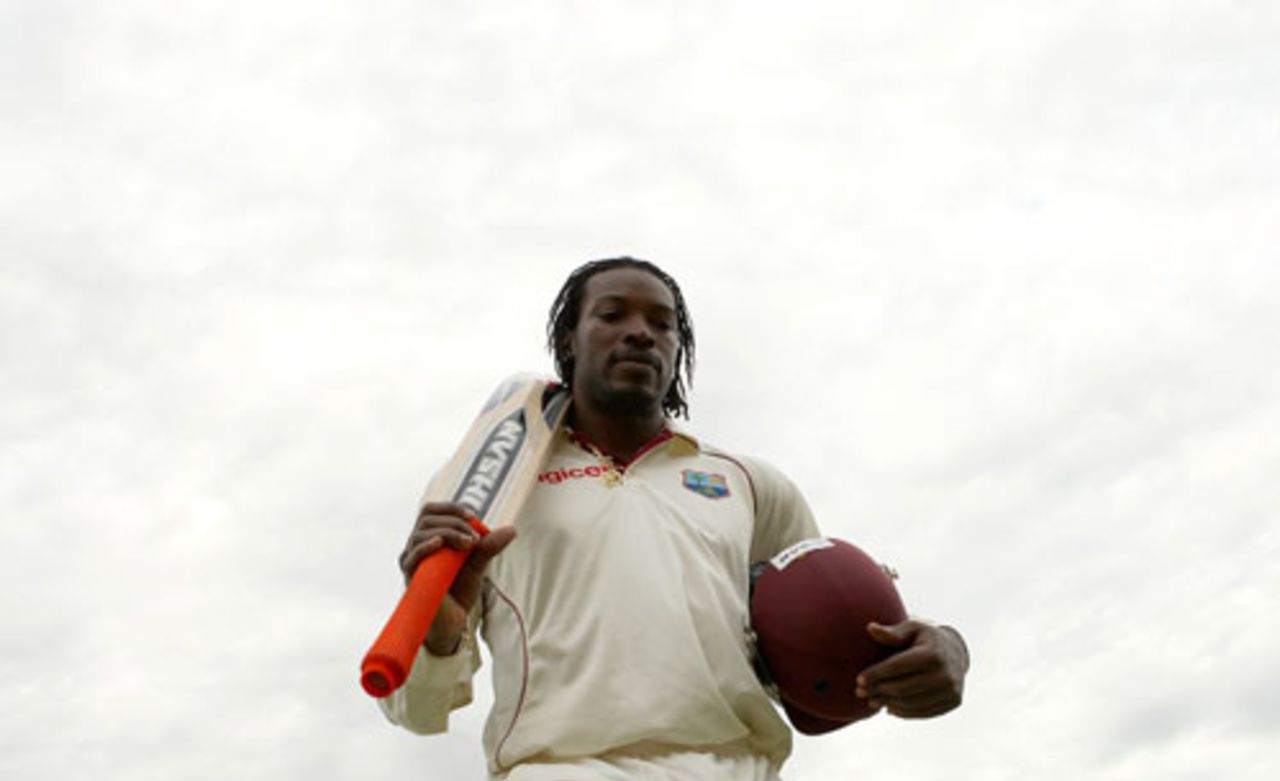 Chris Gayle walks off after his unbeaten 155 on the fourth day, Australia v West Indies, 2nd Test, Adelaide