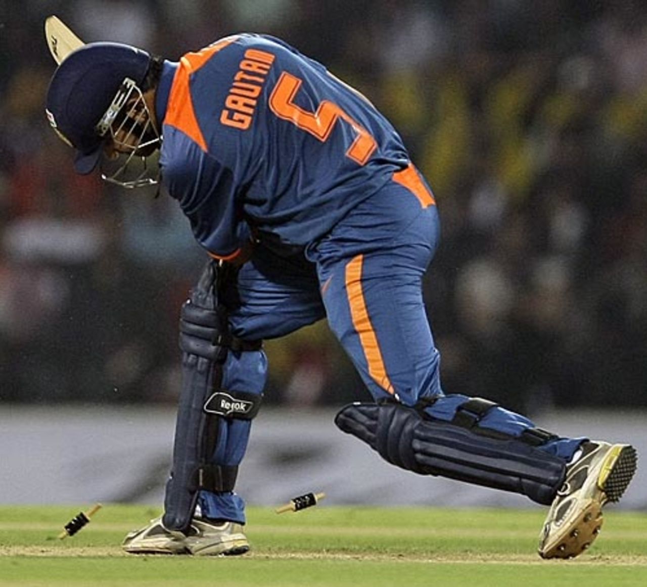 Gautam Gambhir looks at the bails at his feet, India v Sri Lanka, 1st Twenty20, Nagpur, December 9, 2009