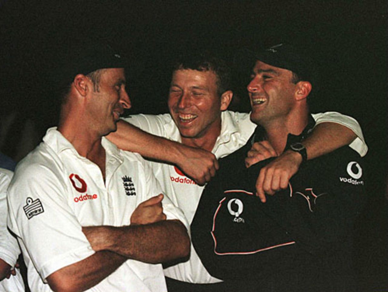 Nasser Hussain, Mike Atherton and Graham Thorpe enjoy the series win, Pakistan v England, Karachi, December 11, 2000