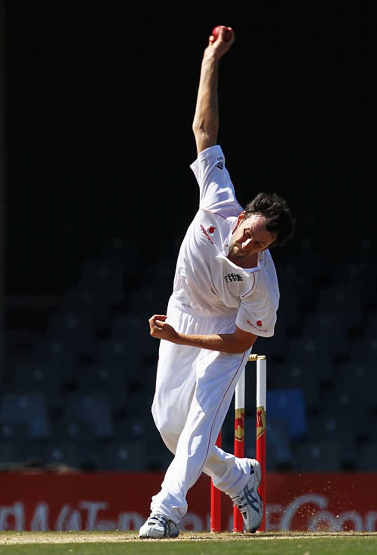 Graham Onions is all effort in his successful opening spell, South African Invitational XI v England XI at East London, December 10, 2009 