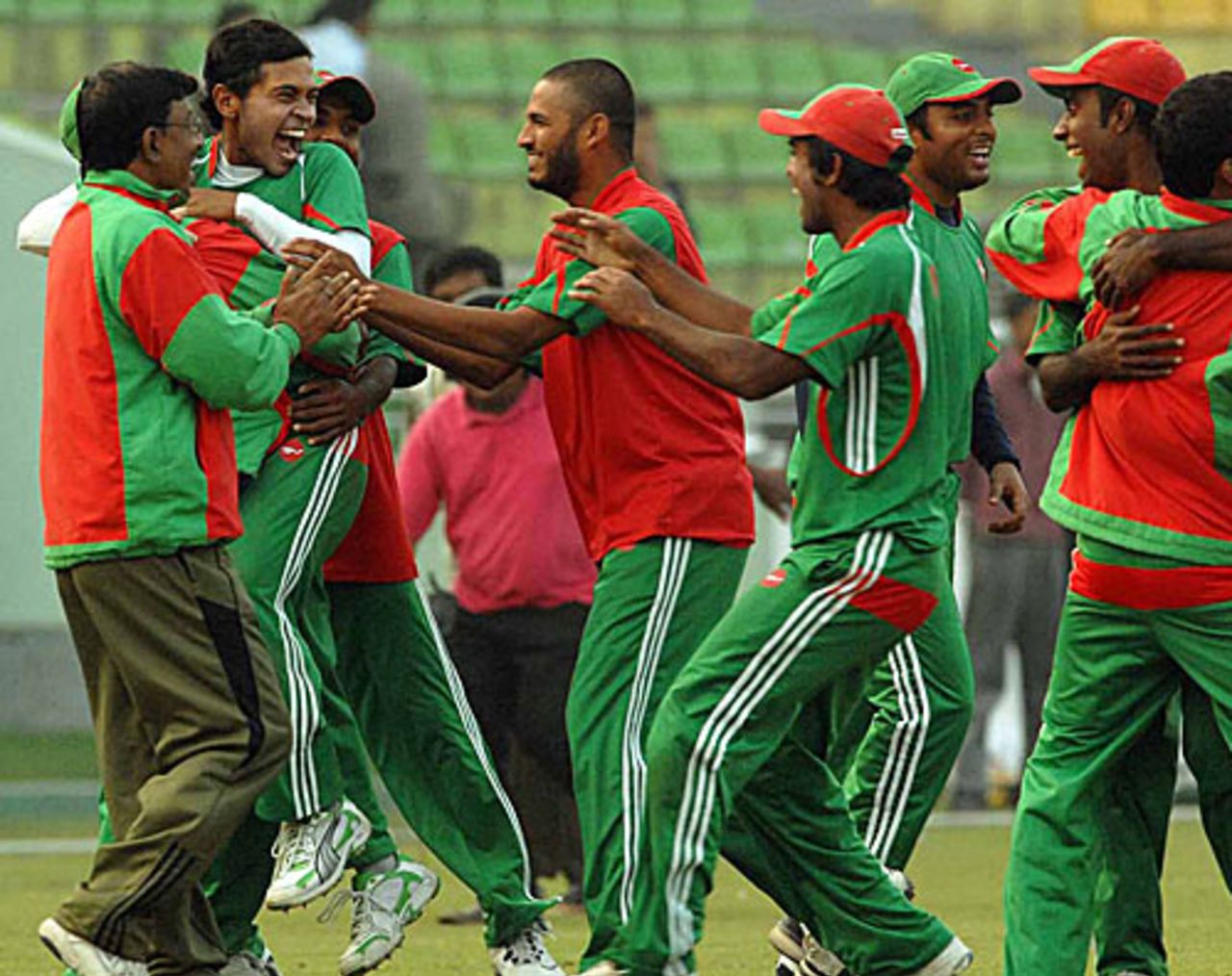 Mushfiqur Rahim and his Biman team-mates celebrate a last-ball tie, Biman Bangladesh Airlines v Abahani, Premier Division Cricket League, Mirpur, December 12, 2009