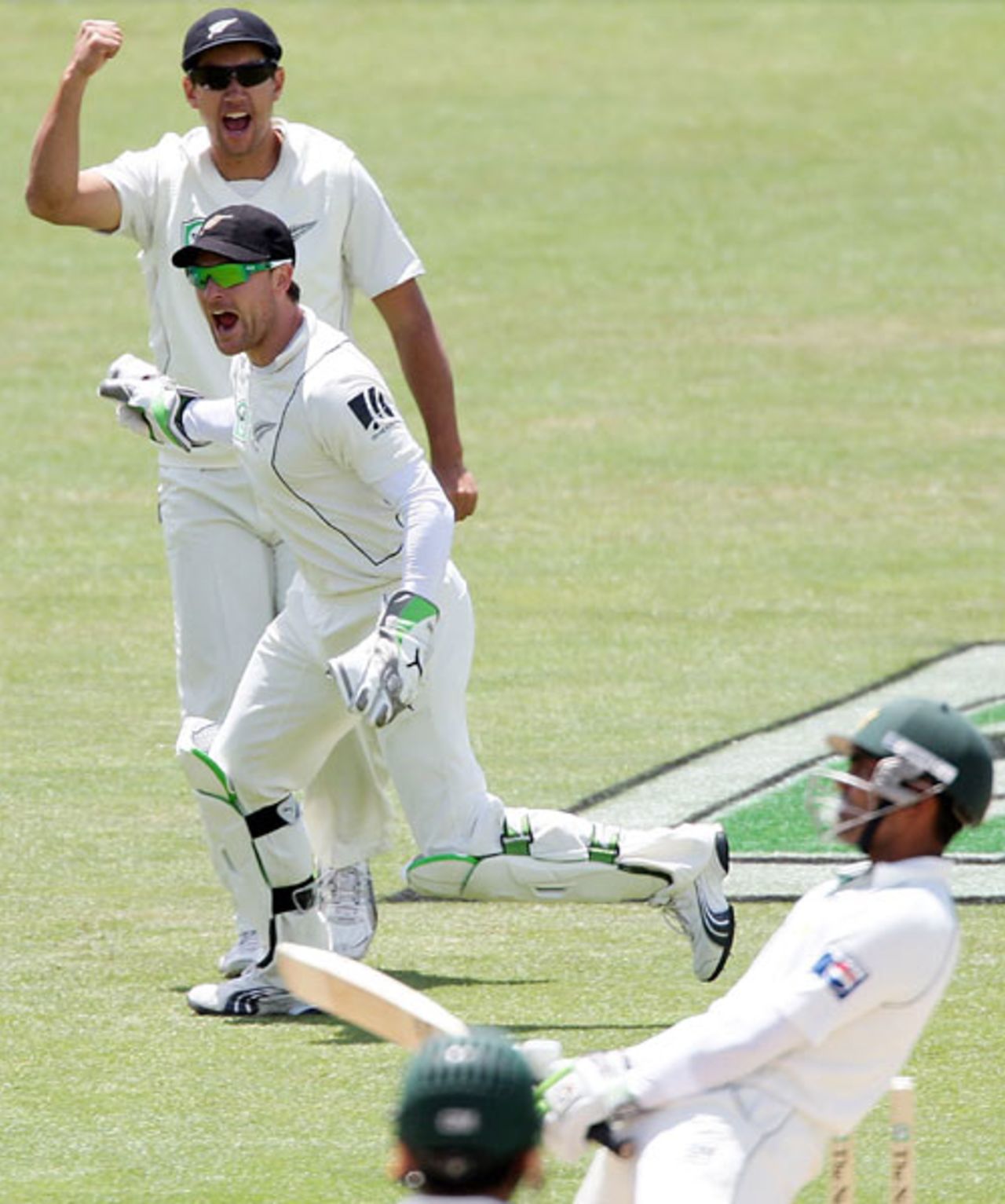 Brendon McCullum and Ross Taylor are thrilled after Umar Akmal edges a catch, New Zealand v Pakistan, 3rd Test, Napier, 5th day, December 15, 2009