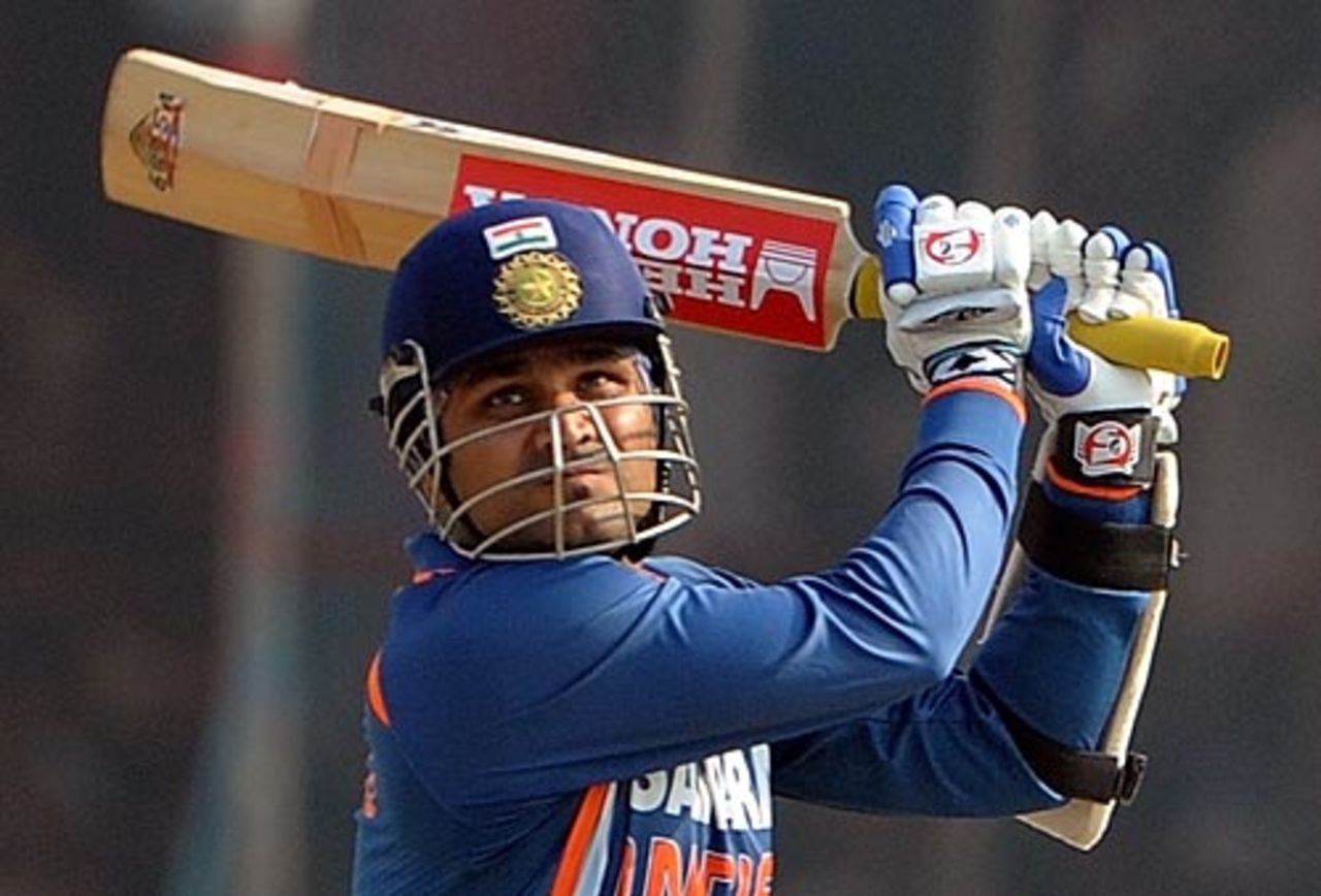 Virender Sehwag hits over the top, India v Sri Lanka, 1st ODI, Rajkot, December 15, 2009