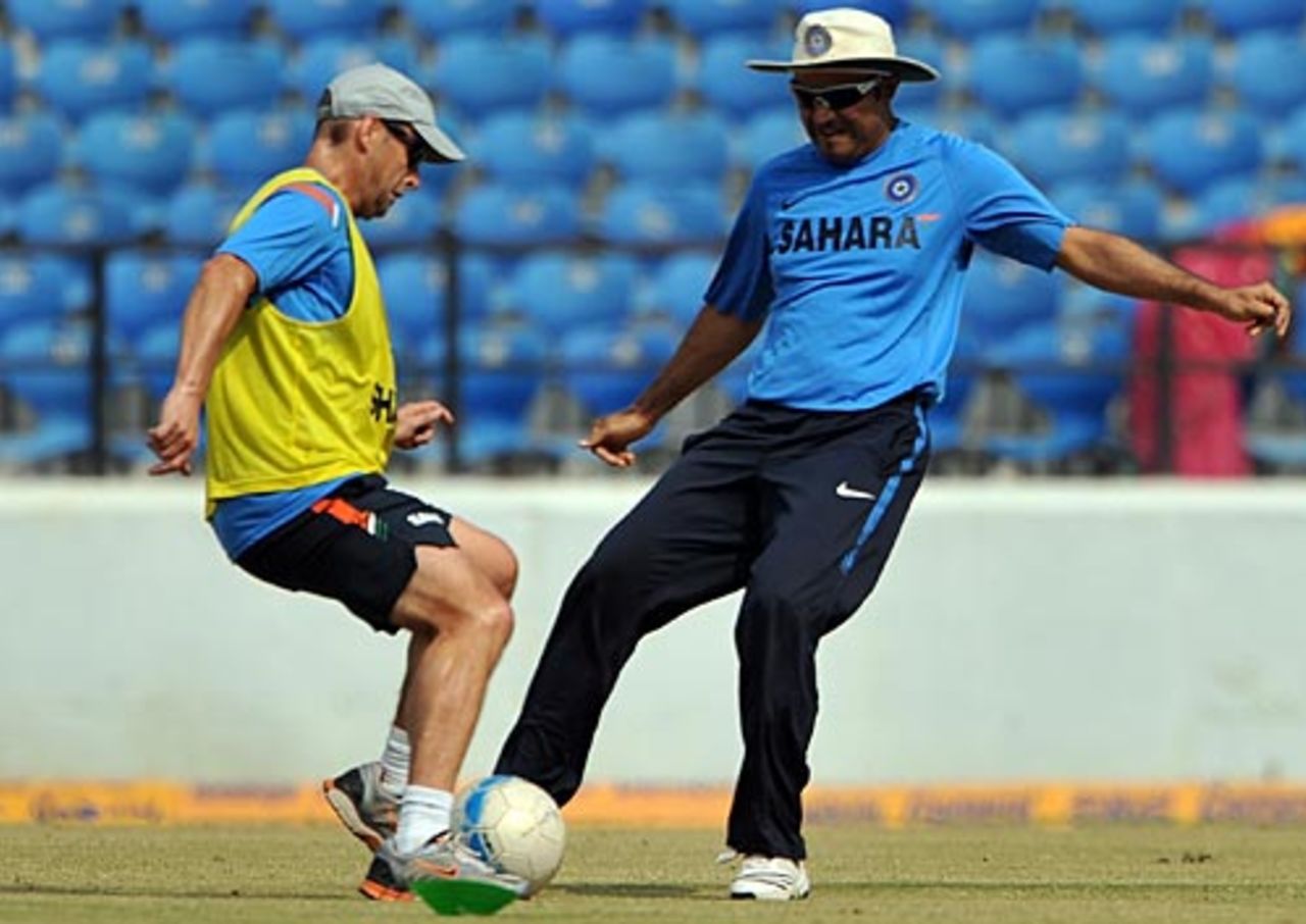 Virender Sehwag and Gary Kirsten play football, Nagpur, December 17, 2009