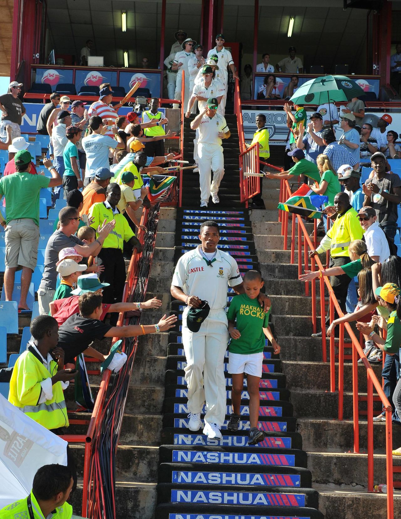 Makhaya Ntini's son joins him as he leads South Africa out onto the field for his 100th cap, South Africa v England, 1st Test, Centurion, December 17, 2009