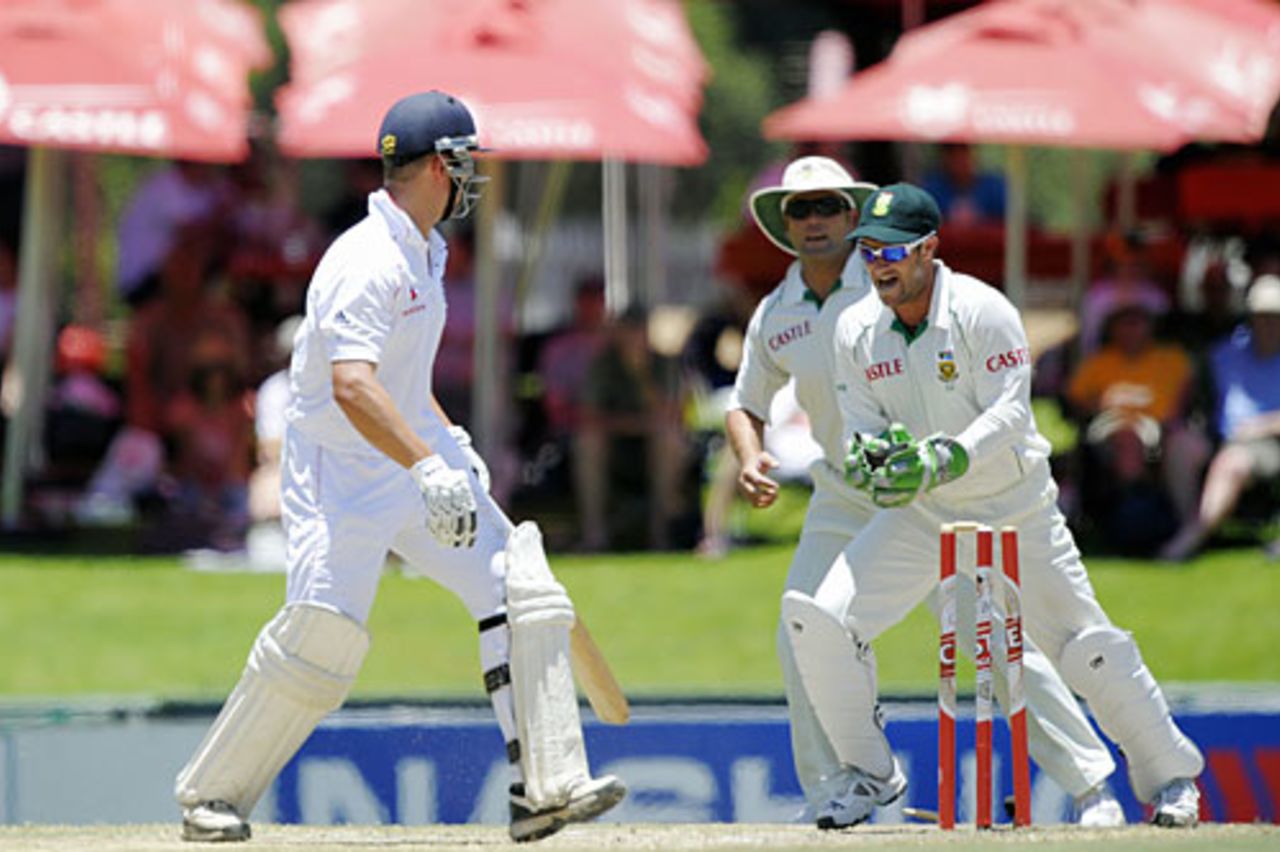 Jonathan Trott eventually lost his patience and his wicket, attempting a wild swipe against Paul Harris, South Africa v England, 1st Test, Centurion, December 18, 2009