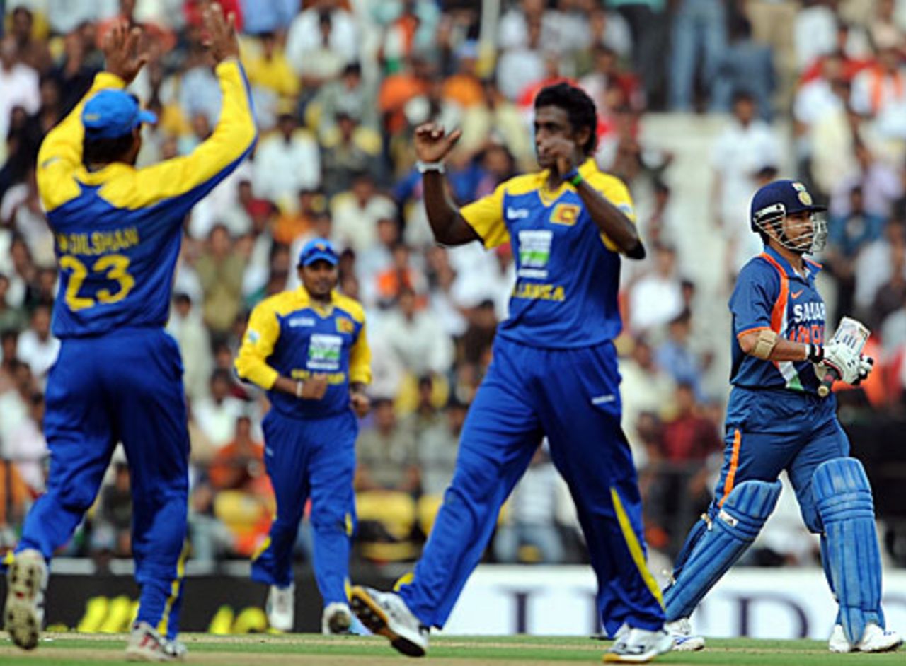 Ajantha Mendis is happy to see the back of Sachin Tendulkar, India v Sri Lanka, 2nd ODI, Nagpur, December 18, 2009