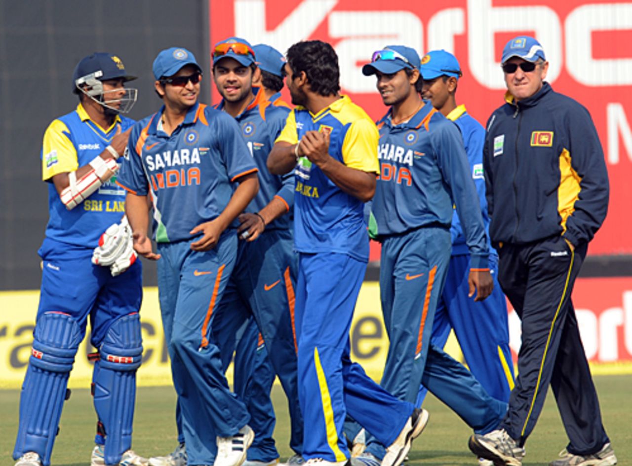 Kumar Sangakkara was forced to lead his players off, India v Sri Lanka, 5th ODI, December 27, 2009