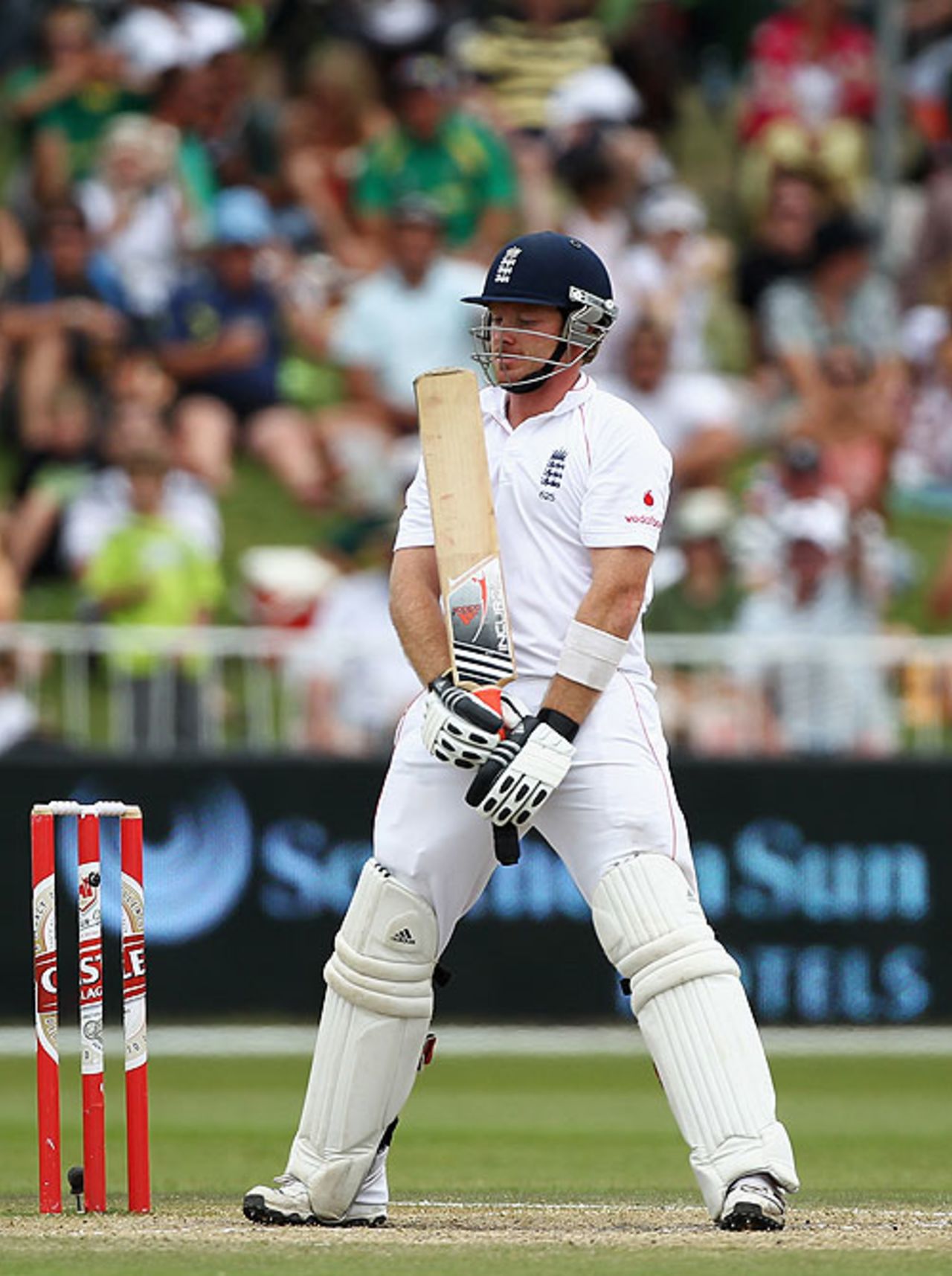 Ian Bell examines the toe-end of his bat, after snicking an edge through to Mark Boucher to end his innings, South Africa v England, 2nd Test, Durban, December 29, 2009 