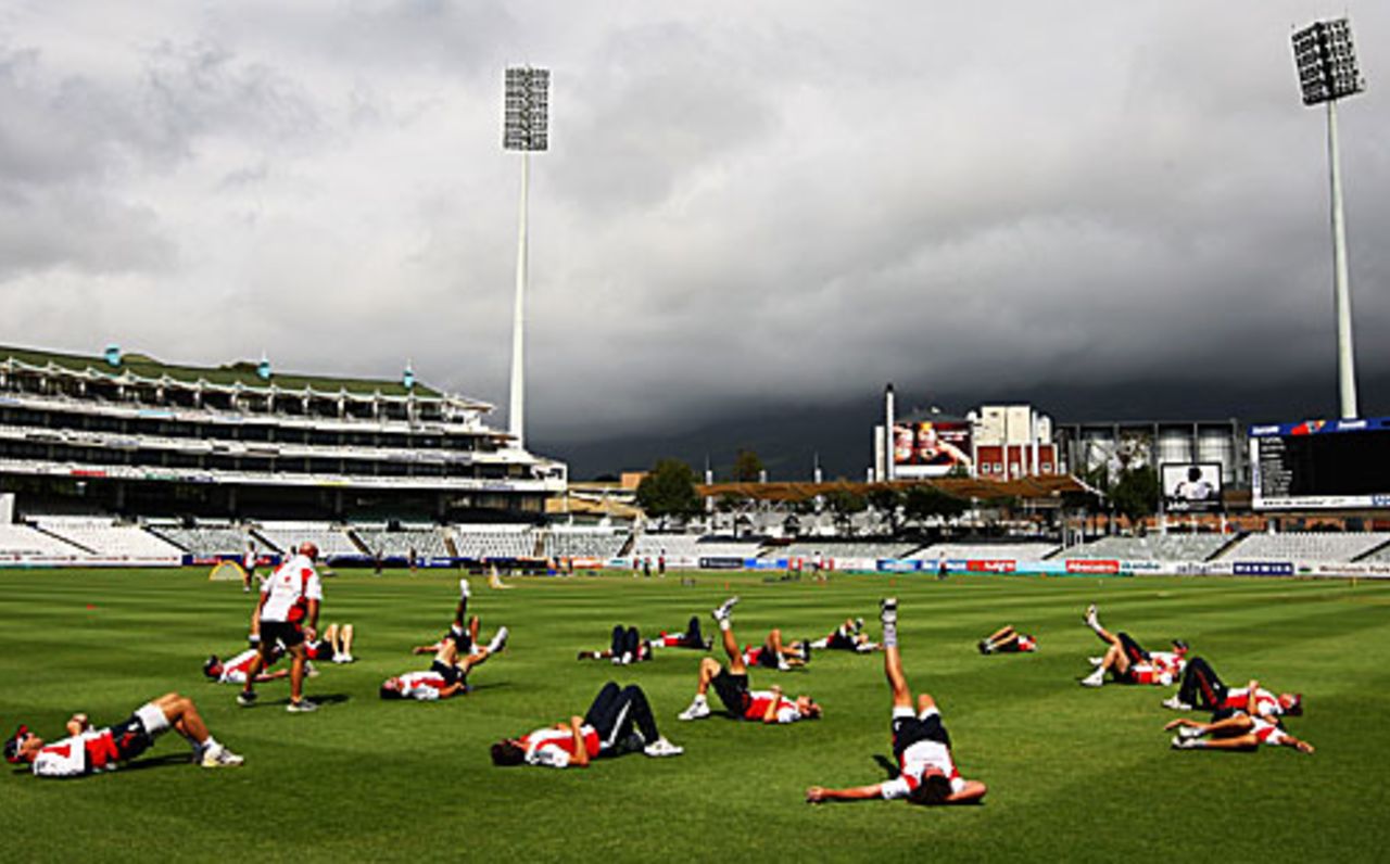 The England players stretch at Newlands, Cape Town, January 1, 2010