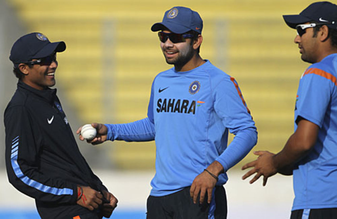 Ravindra Jadeja, Virat Kohli and Rohit Sharma have a laugh during the practice session, Dhaka, January 3, 2010