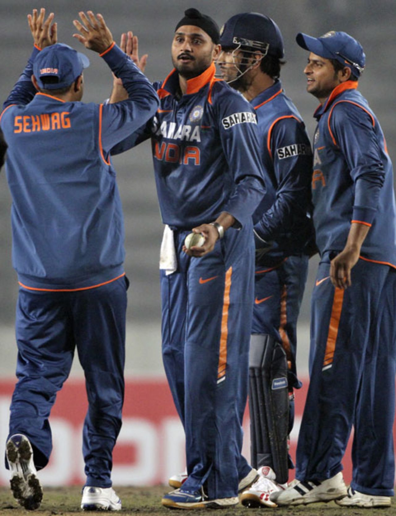 Harbhajan Singh celebrates the dismissal of Upul Tharanga with his team, India v Sri Lanka, Tri-series, 2nd ODI, Mirpur, January 5, 2010