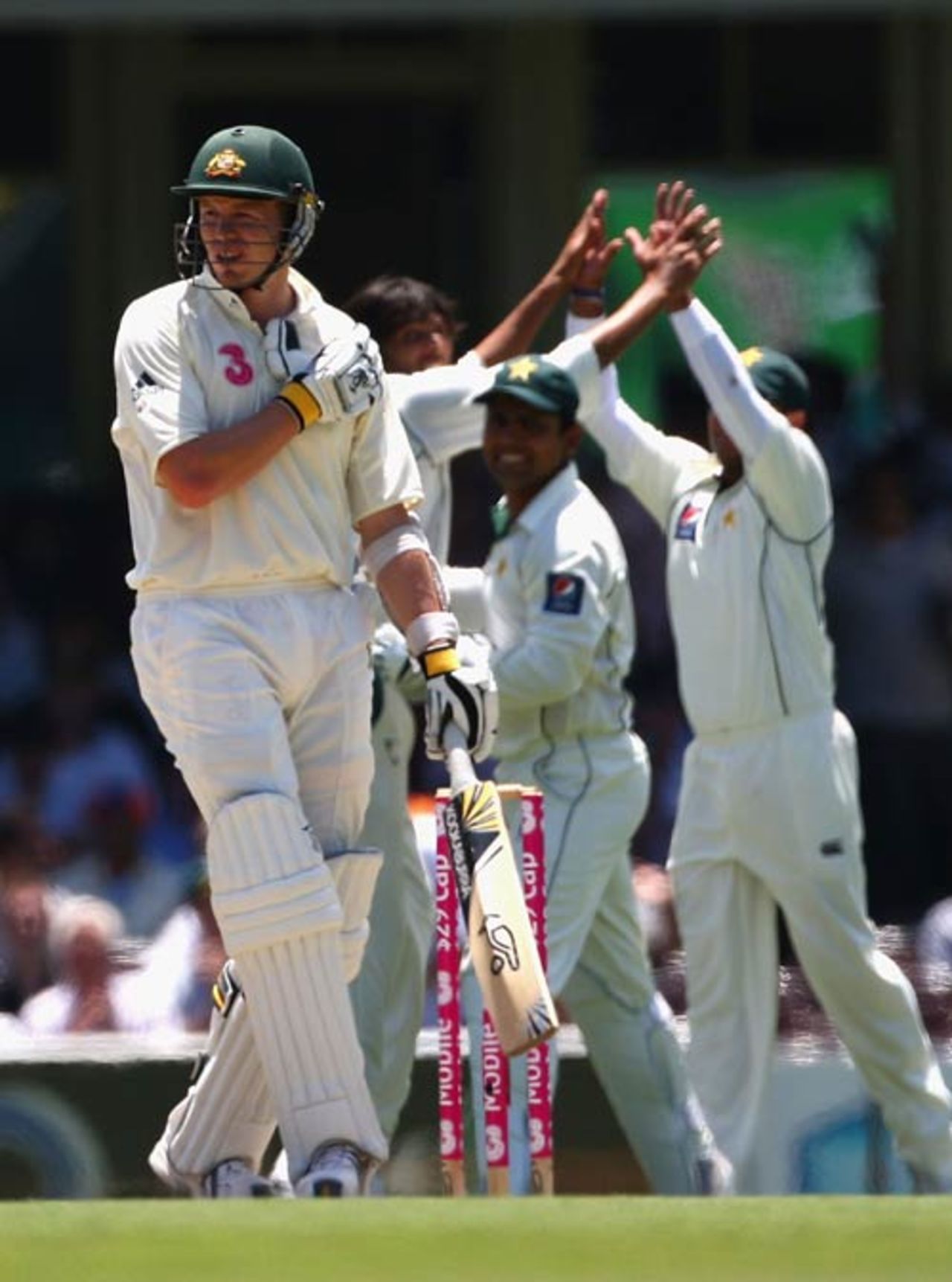 Peter Siddle holds his shoulder after being struck and caught behind from the same ball, Australia v Pakistan, 2nd Test, Sydney, 4th day, January 6, 2010