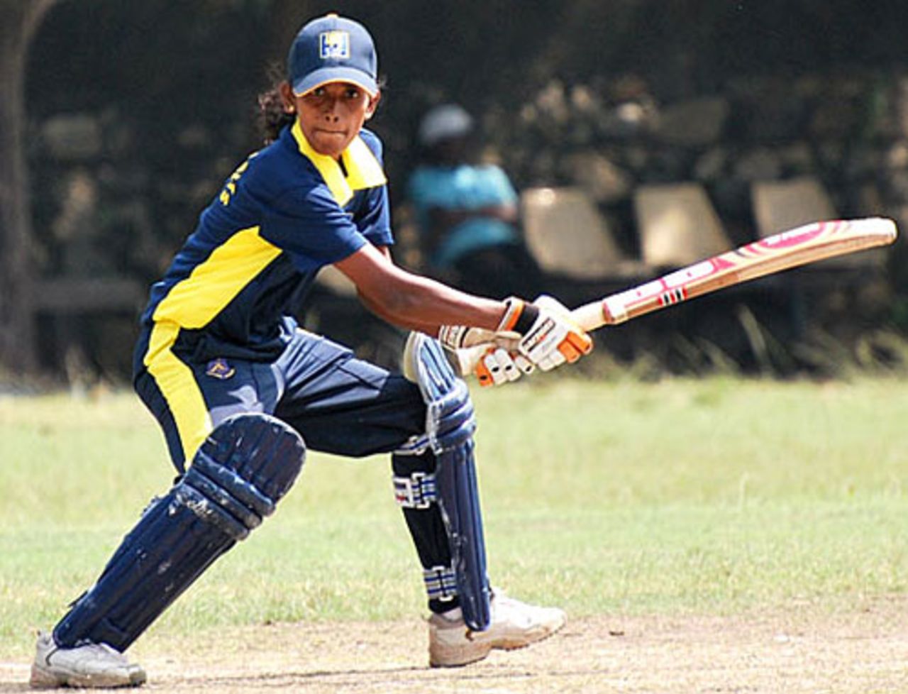 Udeshika Prabodhani cuts during her 53 off 35 balls for Colts Cricket Club Women.