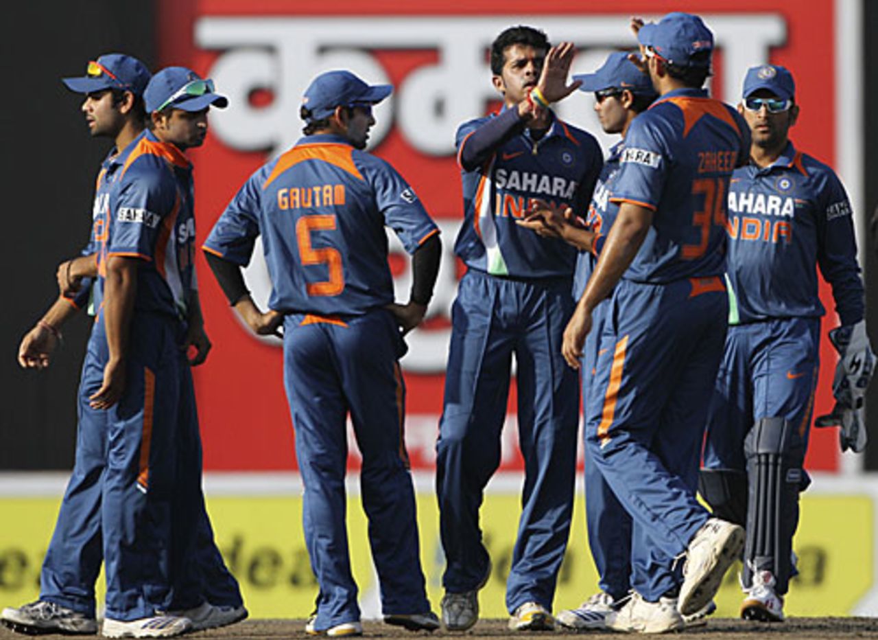 Sreesanth celebrates with the Indian team, Bangladesh v India, Tri-series, 3rd ODI, Mirpur, January 7, 2010